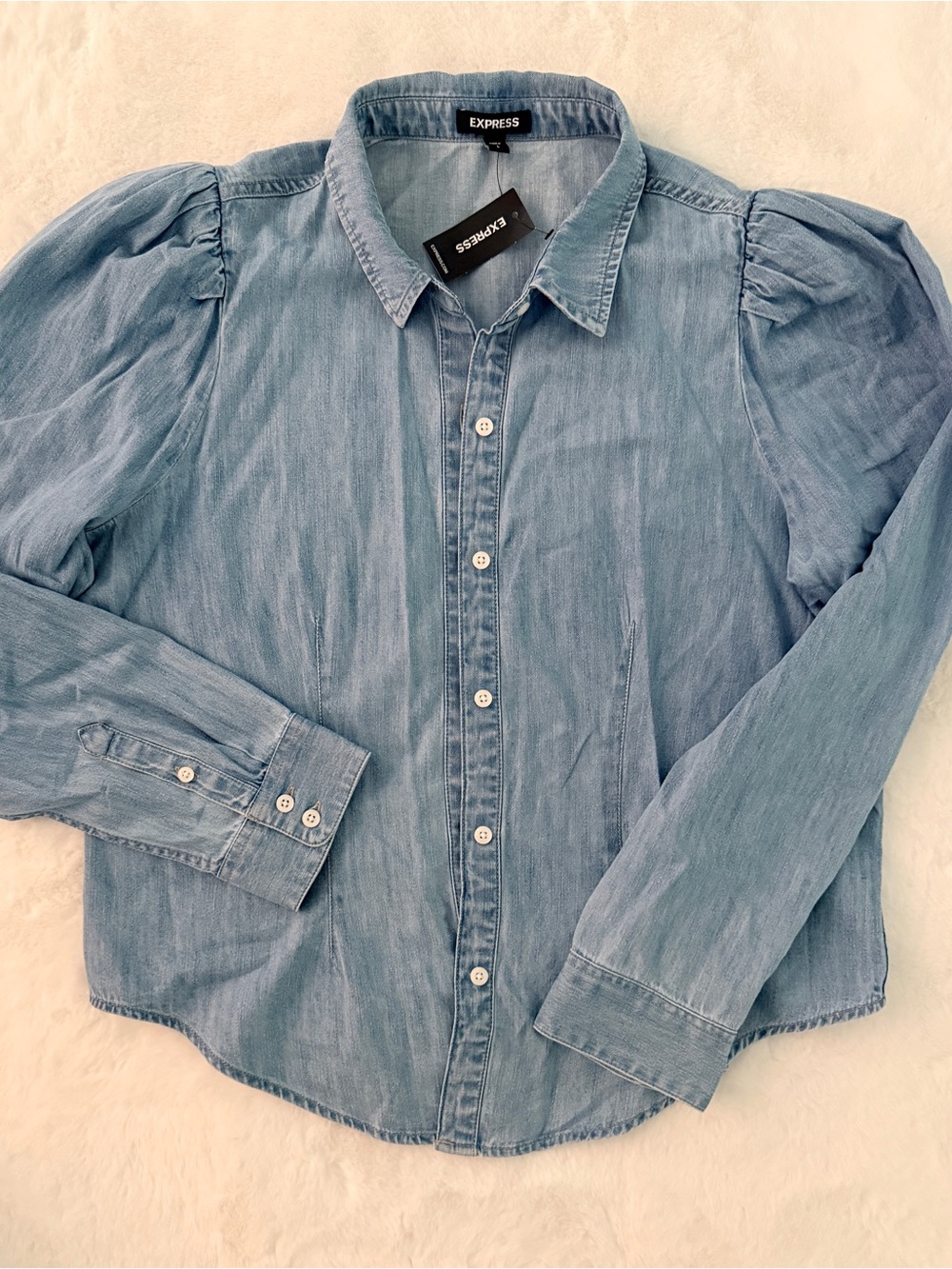 Express Light Denim Button-Down Shirt with Puff Shoulders